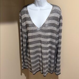 Eileen Fisher Gray and Cream Striped V-Neck Sweater